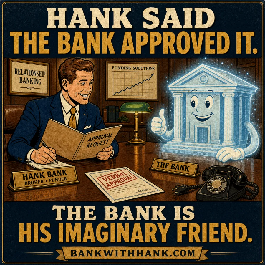 Hank consulting with an imaginary bank friend at his desk.