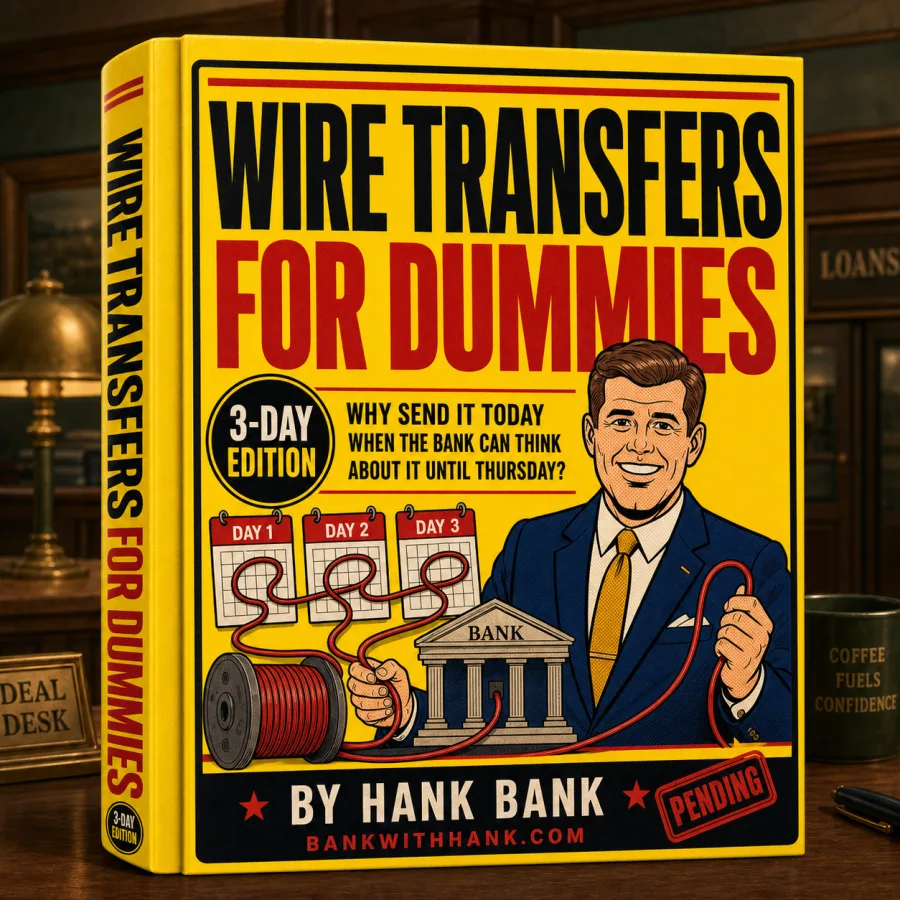 A yellow Wire Transfers for Dummies book cover featuring Hank.