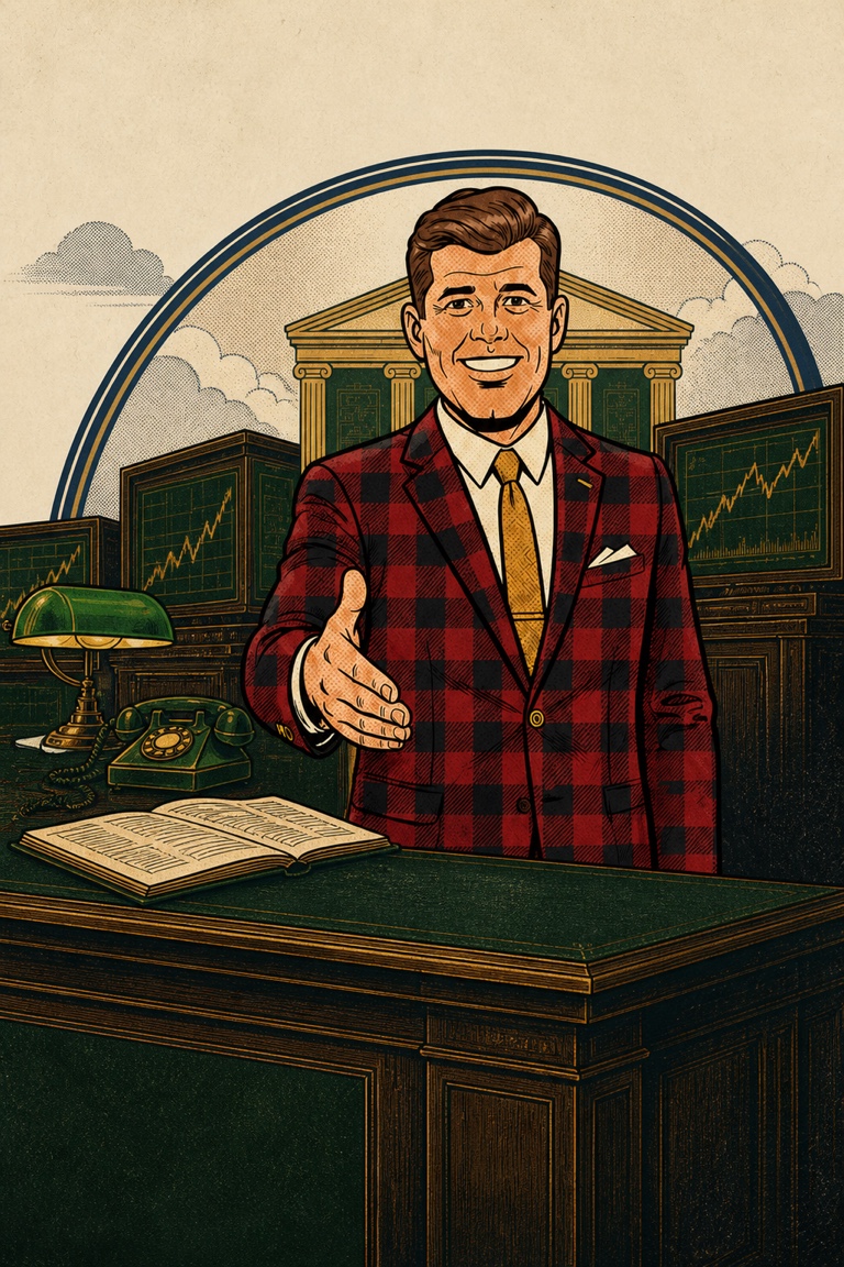 Hank smiling in his red plaid suit at his deal desk and extending his hand for a handshake.