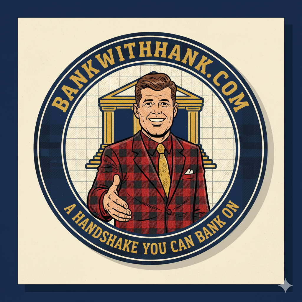 Logo for Hank n' Bank, featuring a friendly character named Hank extending his hand for a handshake.